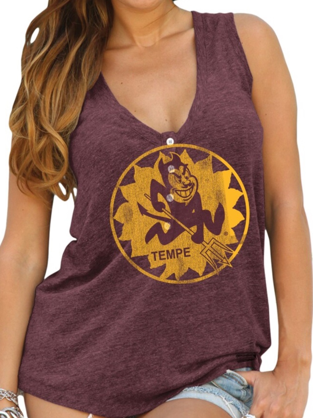 The Original Retro Brand ASU Sun Devils Sparky Henley Tank Top Maroon (XL)